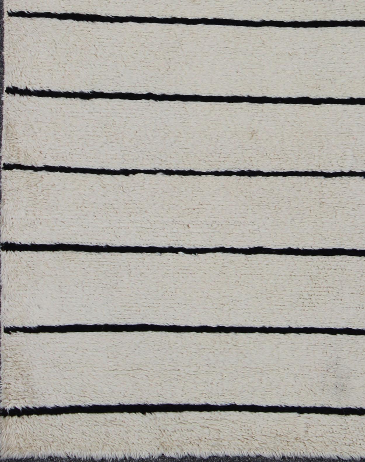 Hand-Knotted Minimalist Design Modern Moroccan Rug in White & Black Striped Design   For Sale
