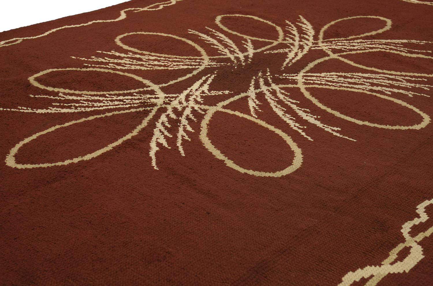 This is a Mid-century European carpet that was woven during the mid-20th century circa 1950 and measures 353x 243 CM in size. This carpet has a modern artistic design with a non-traditional center medallion set on brown-colored open field