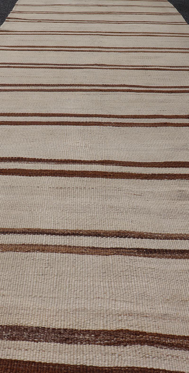 Minimalist Design Vintage Kilim Runner with Stripes in Brown and Ivory For Sale 3