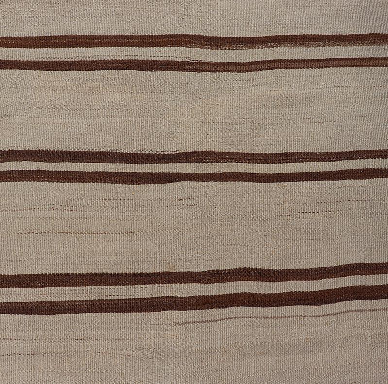 Minimalist Design Vintage Kilim Runner with Stripes in Brown and Ivory. 
Keivan Woven Arts / rug EN-15171, country of origin / type: Turkey / Kilim, circa 1950
Measures: 3'2 x 11'9 
This vintage flat-woven kilim runner features a minimalist design