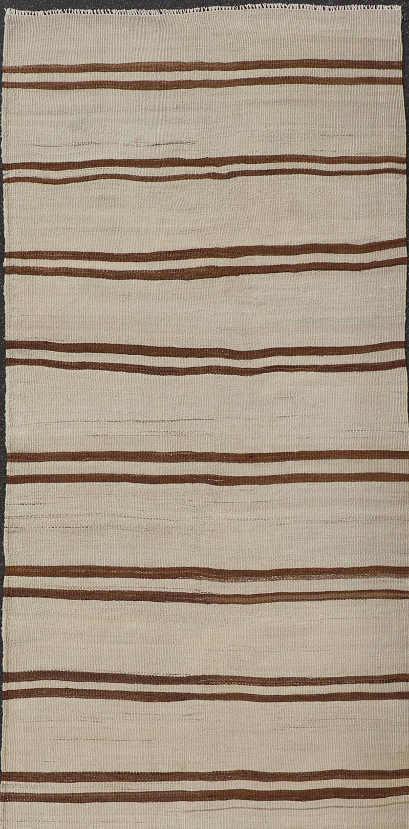 Hand-Woven Minimalist Design Vintage Kilim Runner with Stripes in Brown and Ivory For Sale