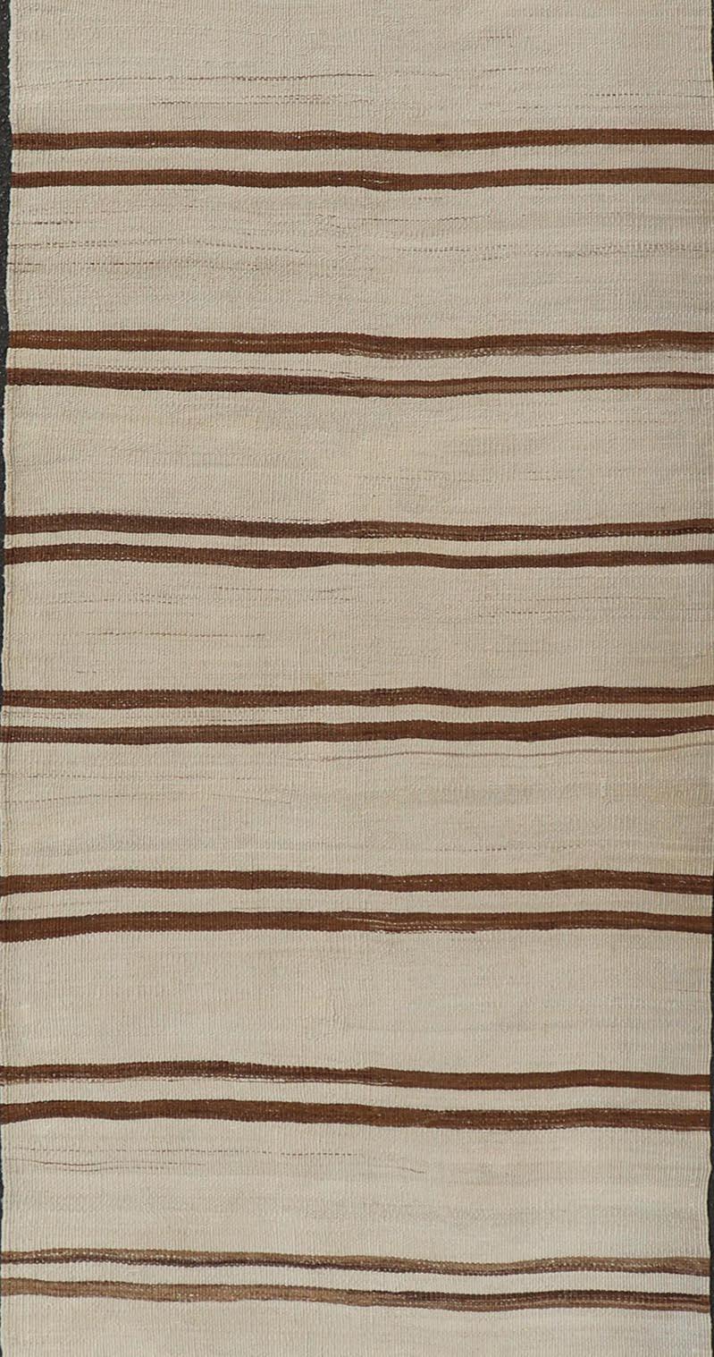 Minimalist Design Vintage Kilim Runner with Stripes in Brown and Ivory In Good Condition For Sale In Atlanta, GA