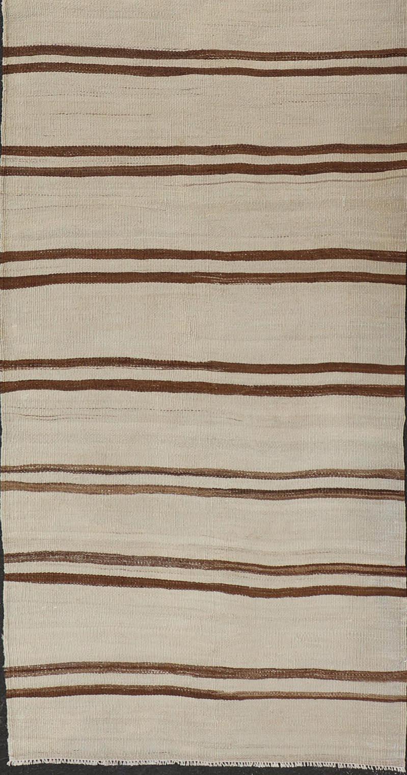 20th Century Minimalist Design Vintage Kilim Runner with Stripes in Brown and Ivory For Sale