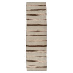 Minimalist Design Retro Kilim Runner with Stripes in Brown and Ivory