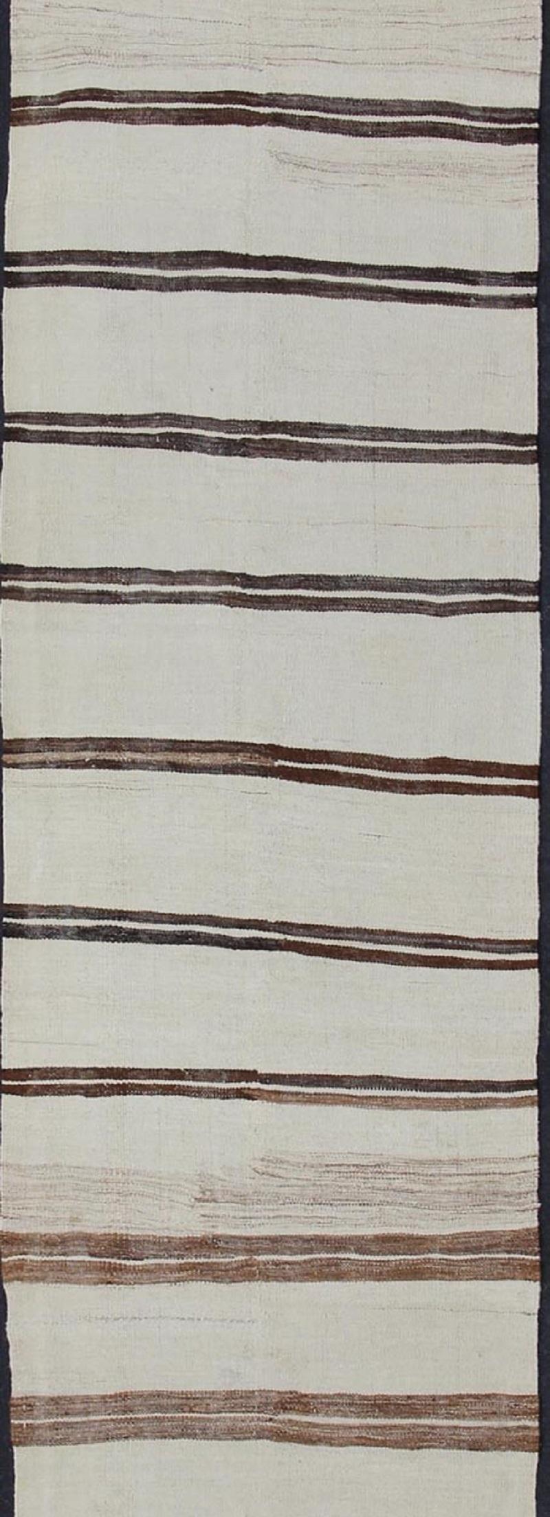 Turkish Minimalist Design Vintage Long Kilim Runner with Stripes in Brown and Ivory For Sale