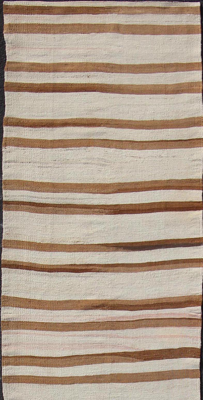 Hand-Woven Minimalist Design Vintage Long Kilim Runner with Stripes in Brown and Ivory For Sale