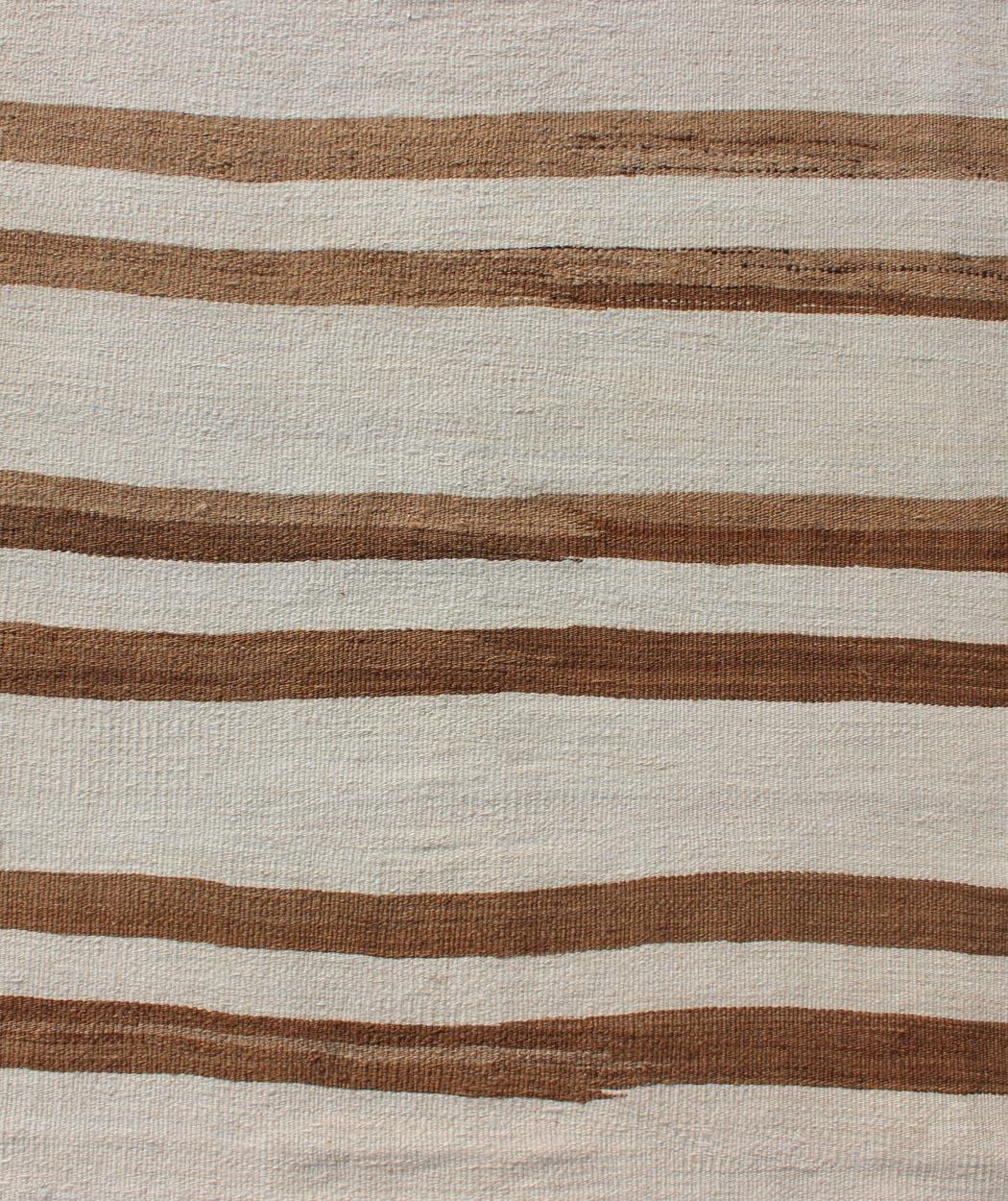Minimalist Design Vintage Long Kilim Runner with Stripes in Brown and Ivory In Good Condition For Sale In Atlanta, GA
