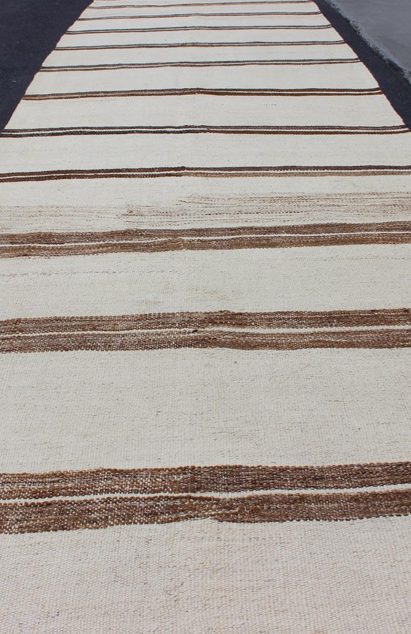 Wool Minimalist Design Vintage Long Kilim Runner with Stripes in Brown and Ivory For Sale