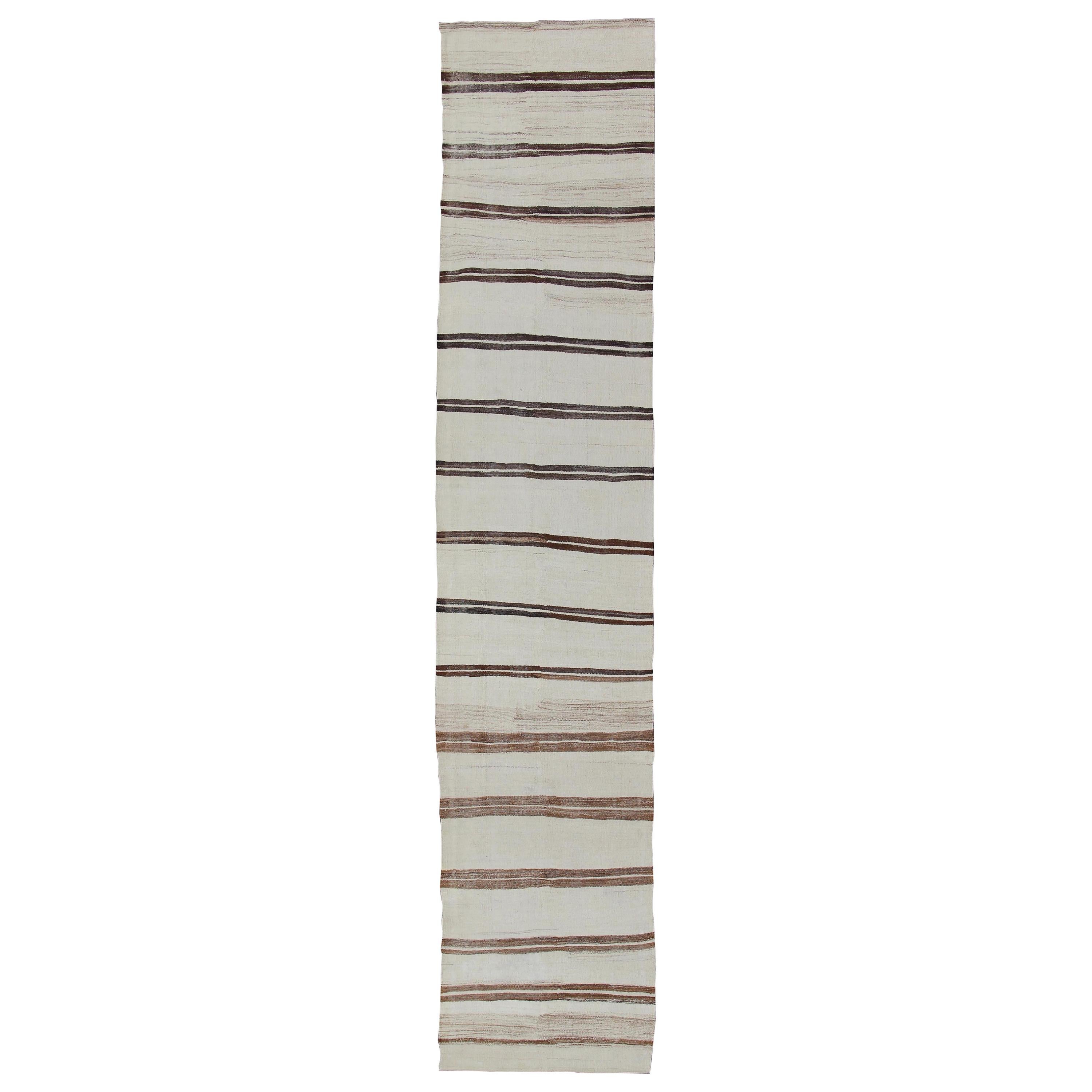 Minimalist Design Vintage Long Kilim Runner with Stripes in Brown and Ivory
