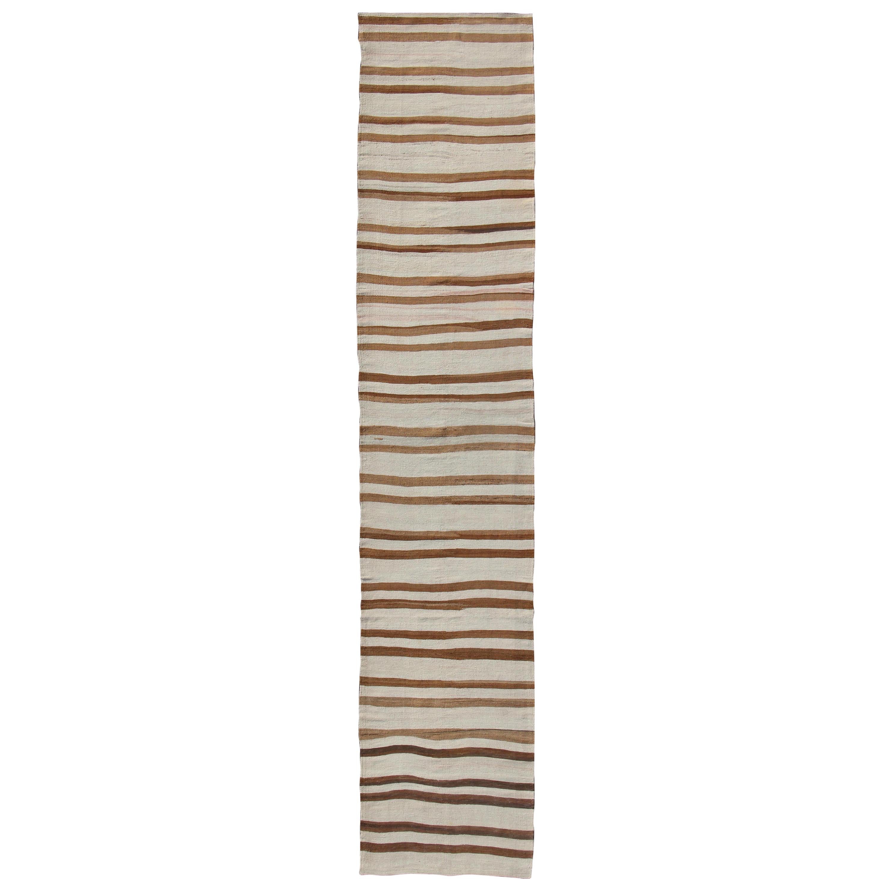 Minimalist Design Vintage Long Kilim Runner with Stripes in Brown and Ivory For Sale