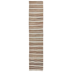 Minimalist Design Vintage Long Kilim Runner with Stripes in Brown and Ivory