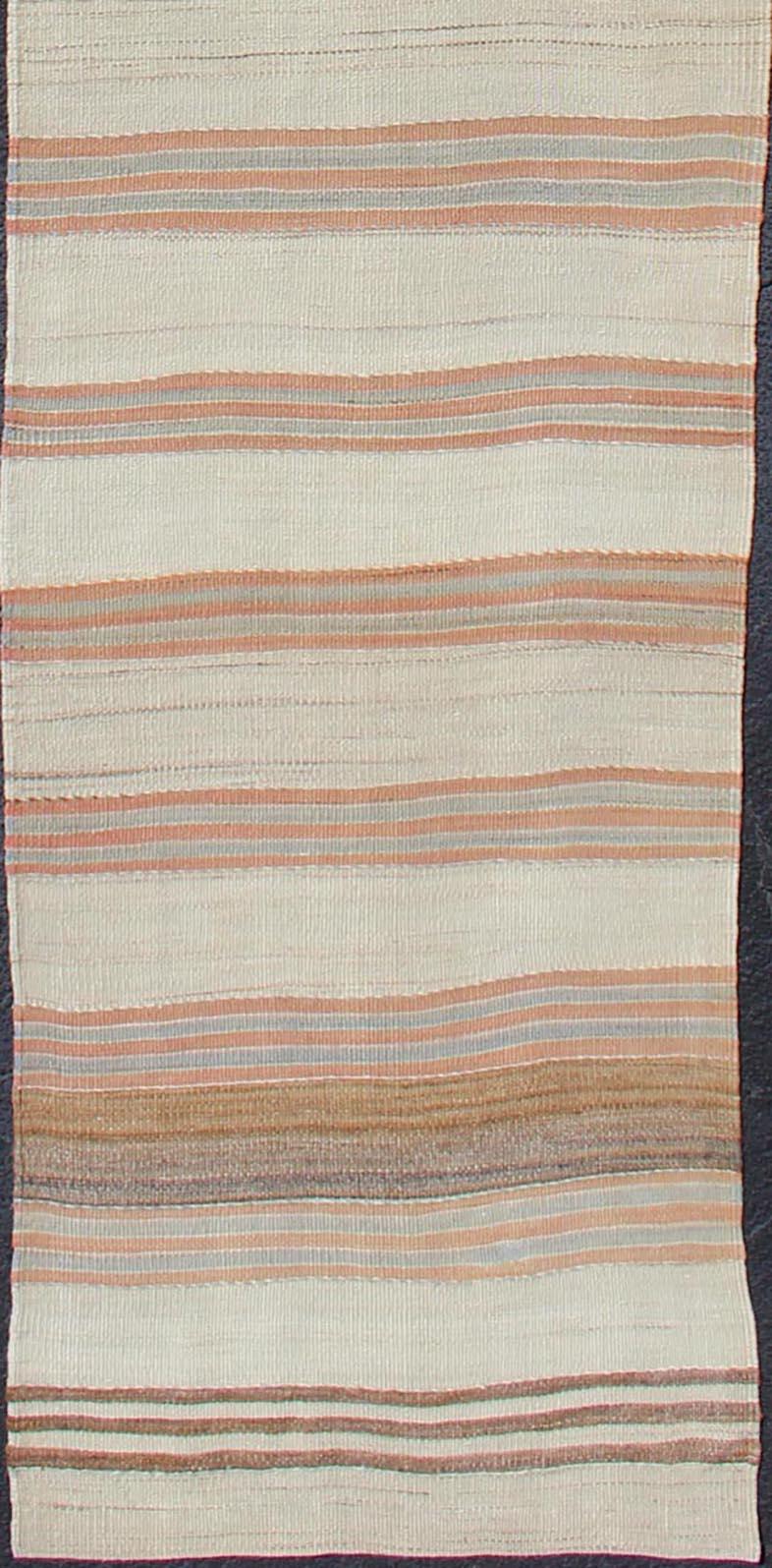 Turkish Minimalist Design Vintage Long Kilim Runner with Stripes in Brown & Coral For Sale
