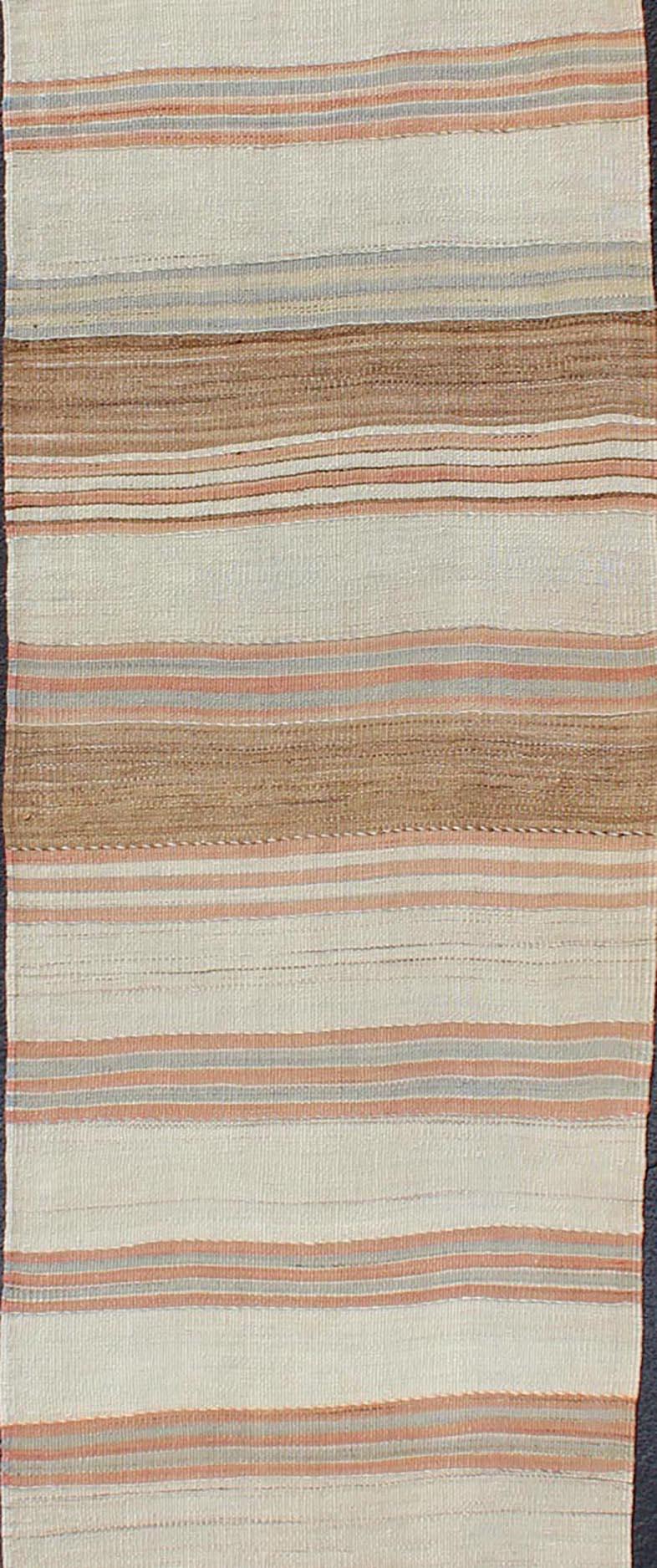 Hand-Woven Minimalist Design Vintage Long Kilim Runner with Stripes in Brown & Coral For Sale
