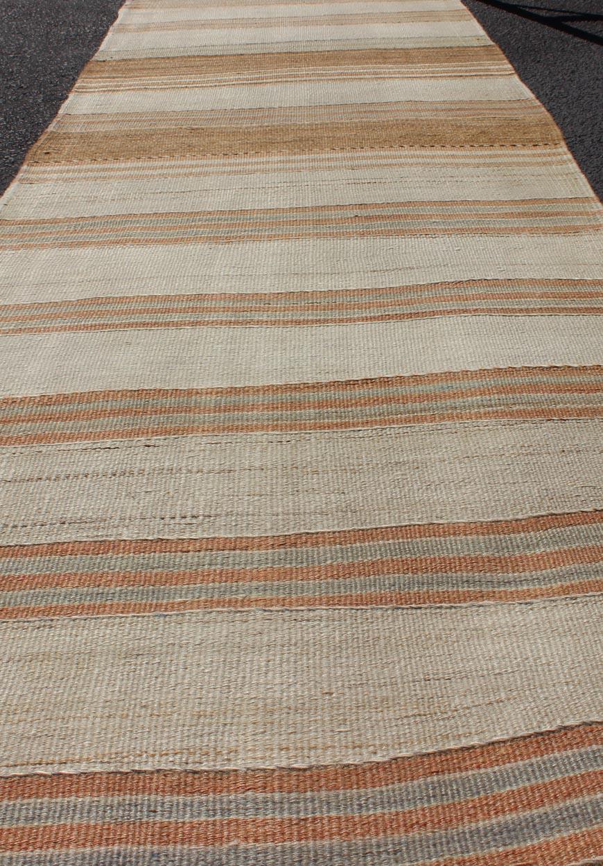 Minimalist Design Vintage Long Kilim Runner with Stripes in Brown & Coral In Good Condition For Sale In Atlanta, GA
