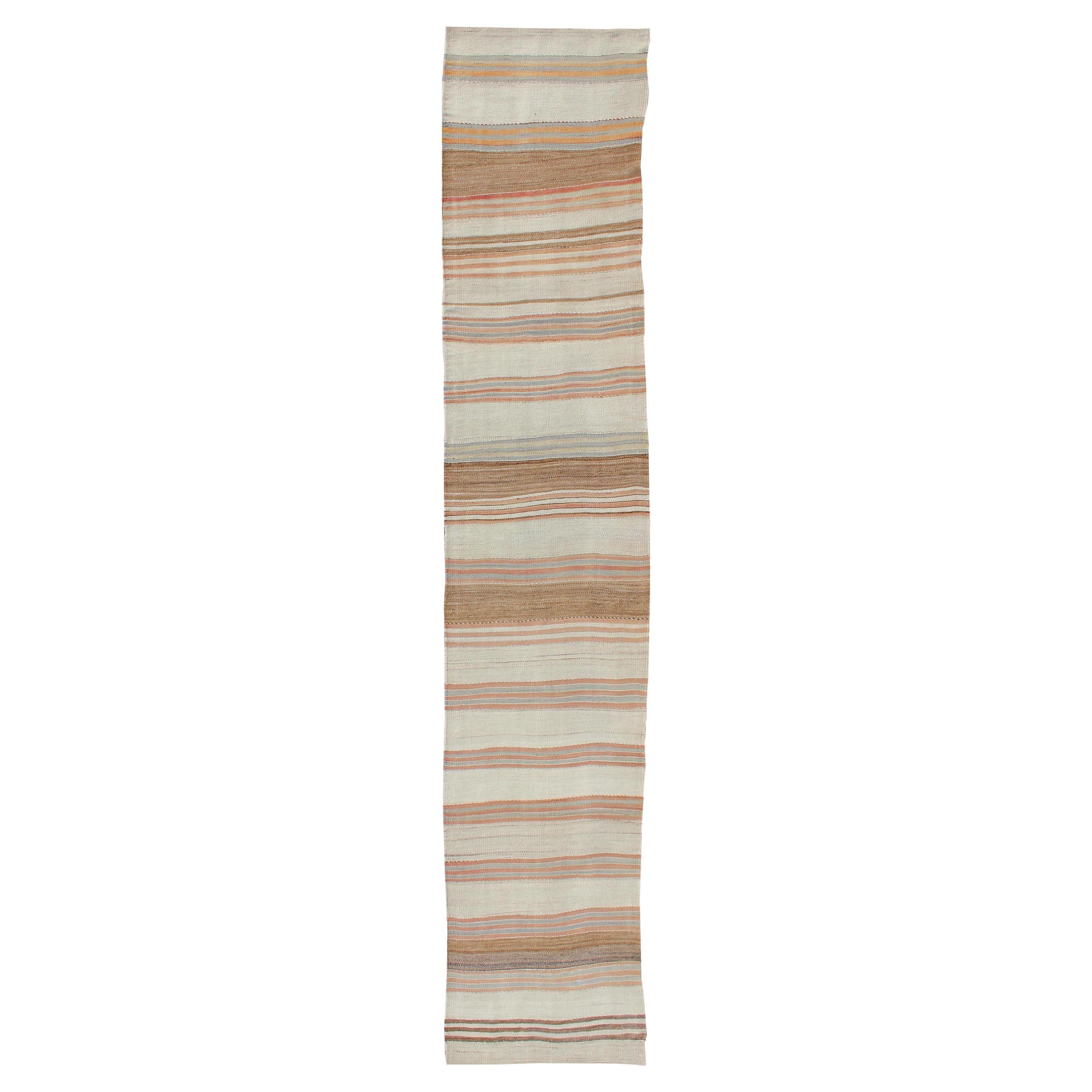 Minimalist Design Vintage Long Kilim Runner with Stripes in Brown & Coral