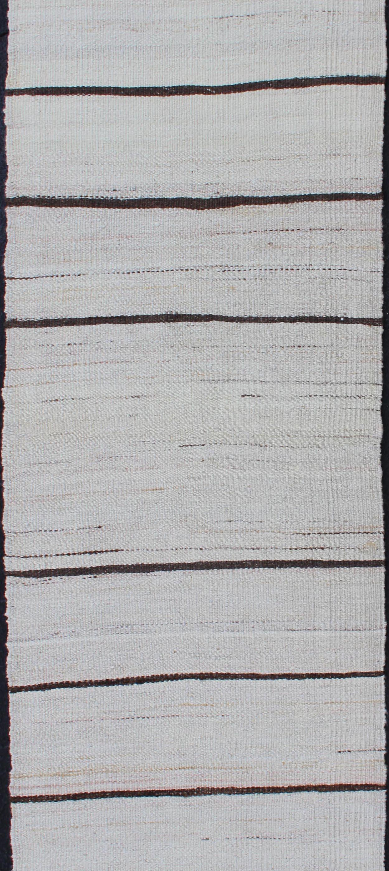 Minimalist Design Vintage Turkish Kilim Runner in Off White & Brown Lines For Sale 4