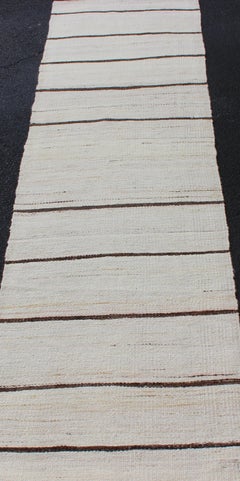 Minimalist Design Vintage Turkish Kilim Runner in Off White & Brown Lines