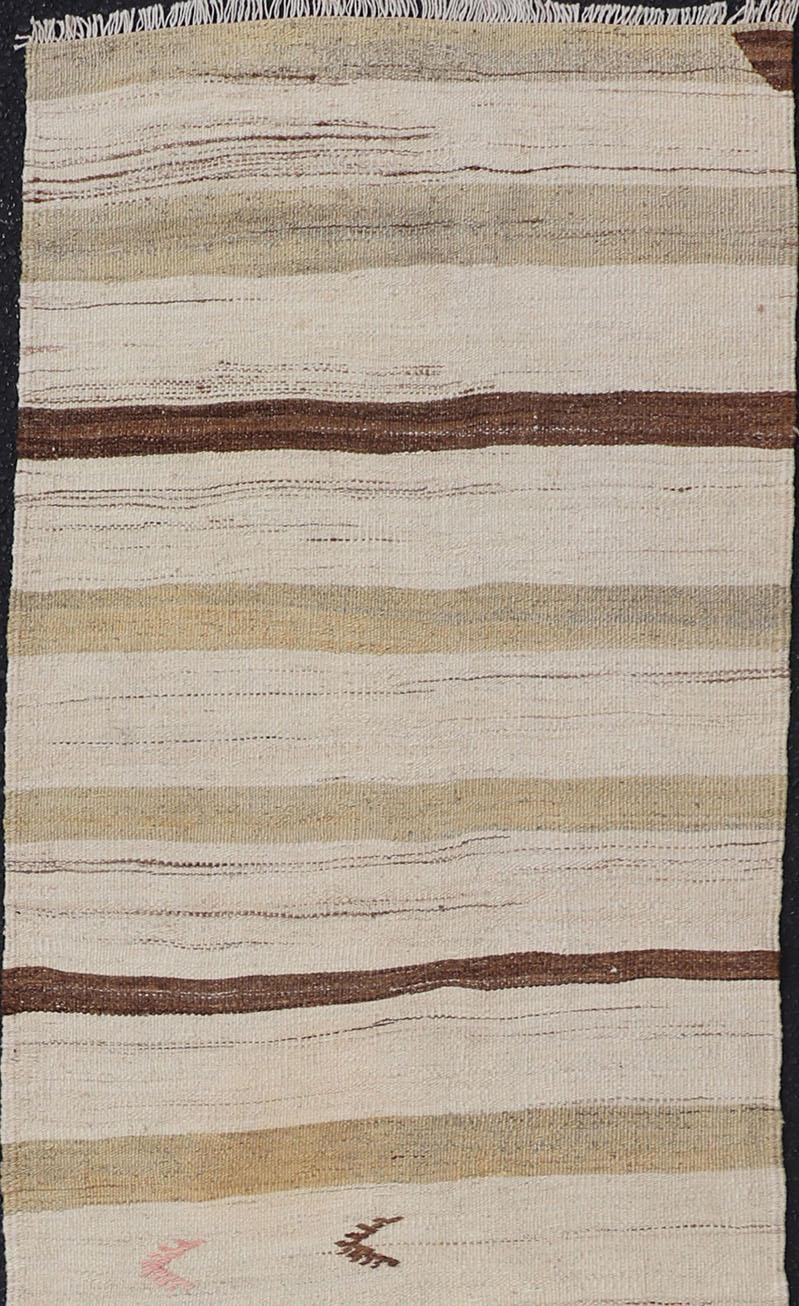 Hand-Woven Minimalist Design Vintage Turkish Kilim Runner with Creams, Brown and Taupe For Sale