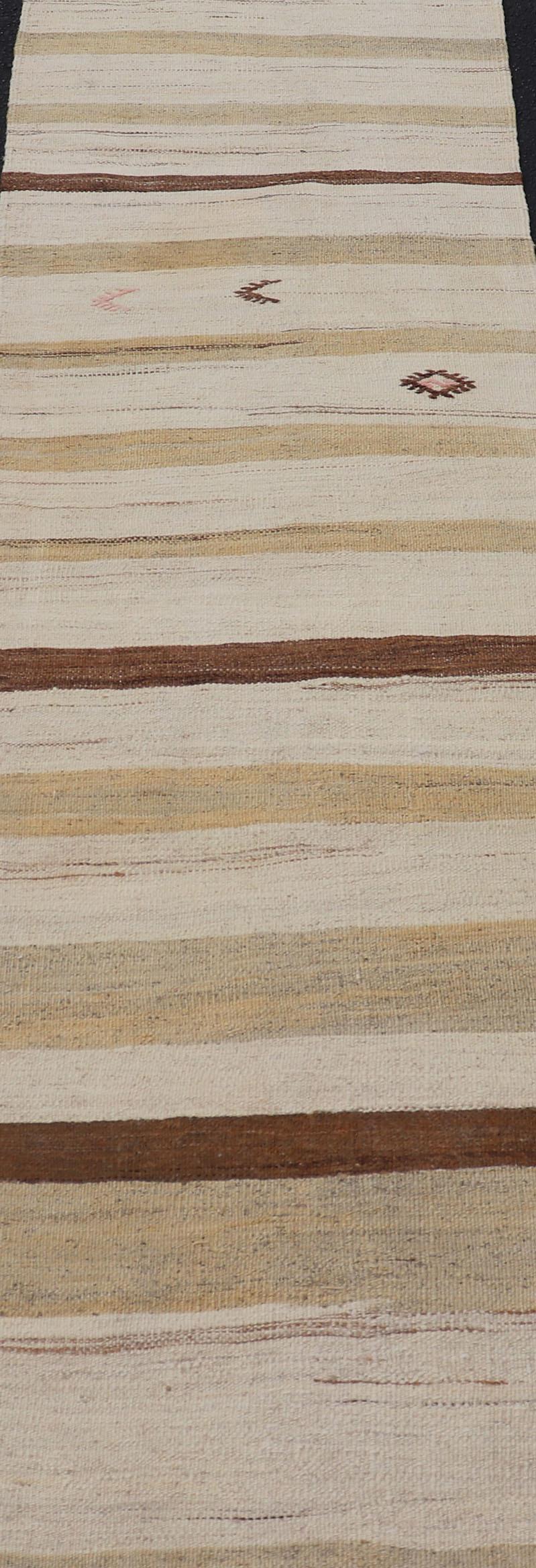 Wool Minimalist Design Vintage Turkish Kilim Runner with Creams, Brown and Taupe For Sale