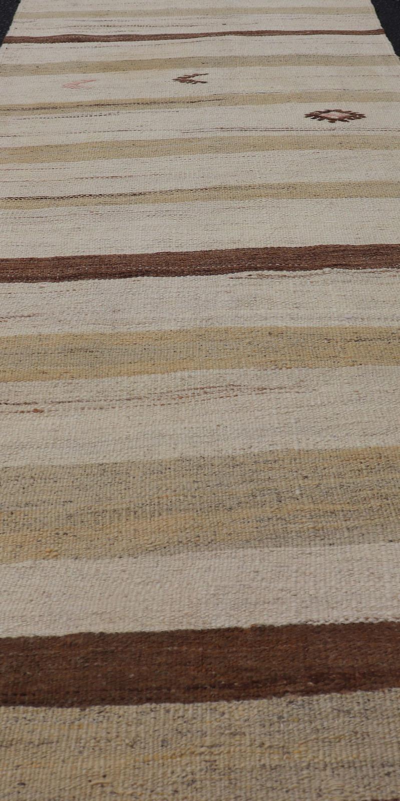 Minimalist Design Vintage Turkish Kilim Runner with Creams, Brown and Taupe For Sale 1