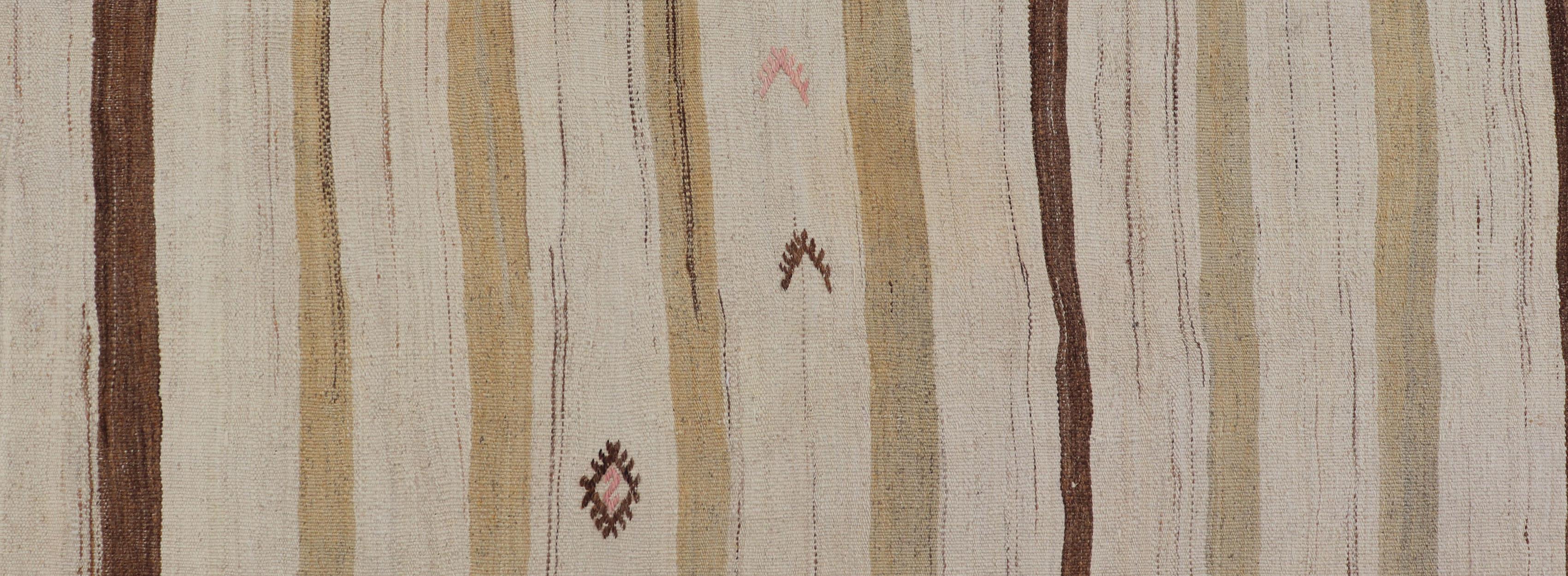 Minimalist Design Vintage Turkish Kilim Runner with Creams, Brown and Taupe For Sale 3