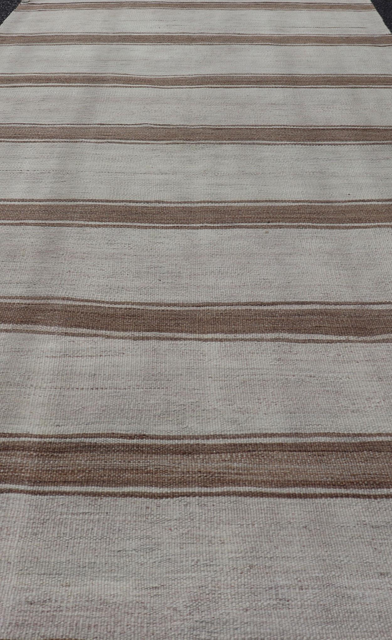 Minimalist Design Vintage Turkish Kilim Runner with Grey, Brown and Taupe For Sale 1