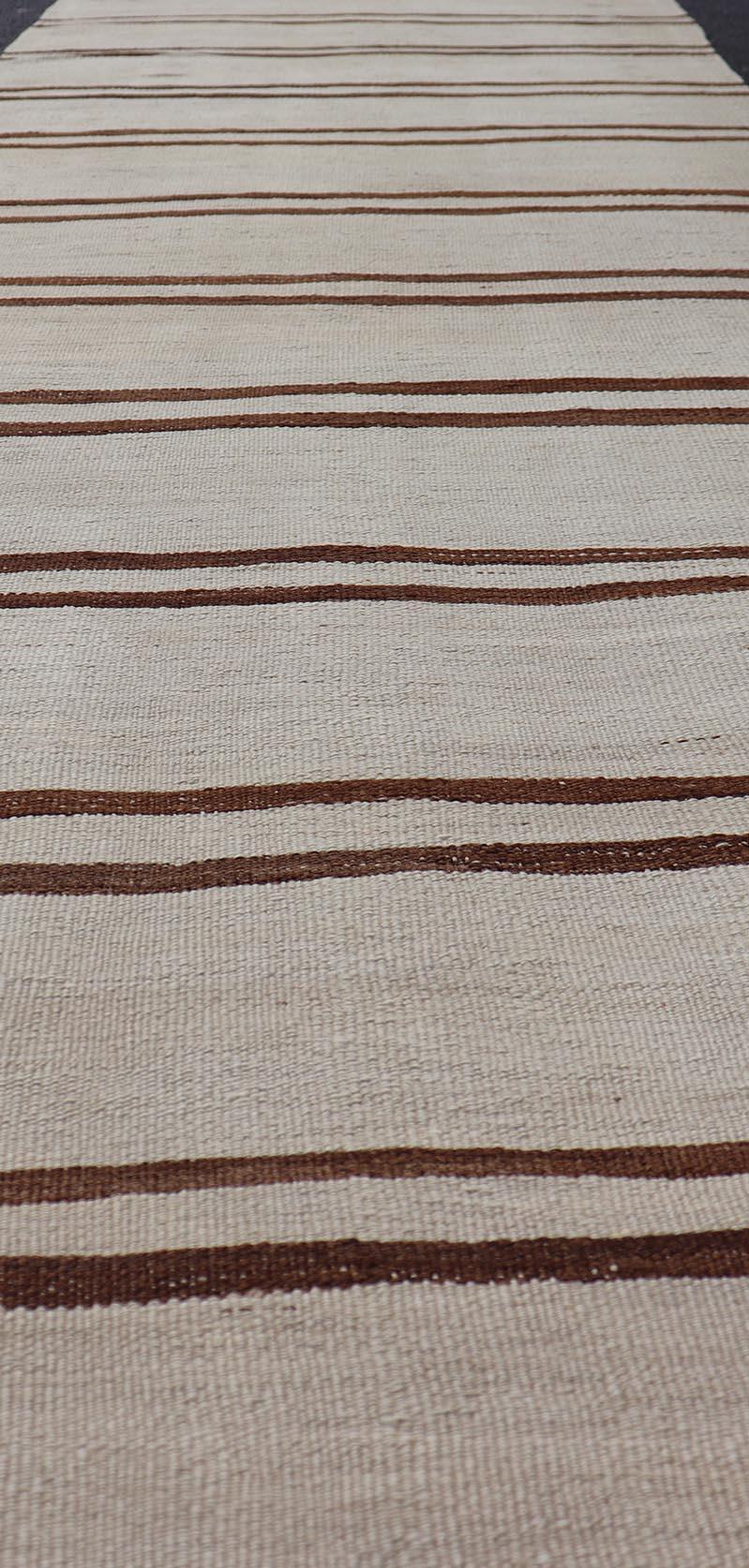 Minimalist Design Vintage Turkish Kilim Runner with Ivory, Brown and Off White  For Sale 4