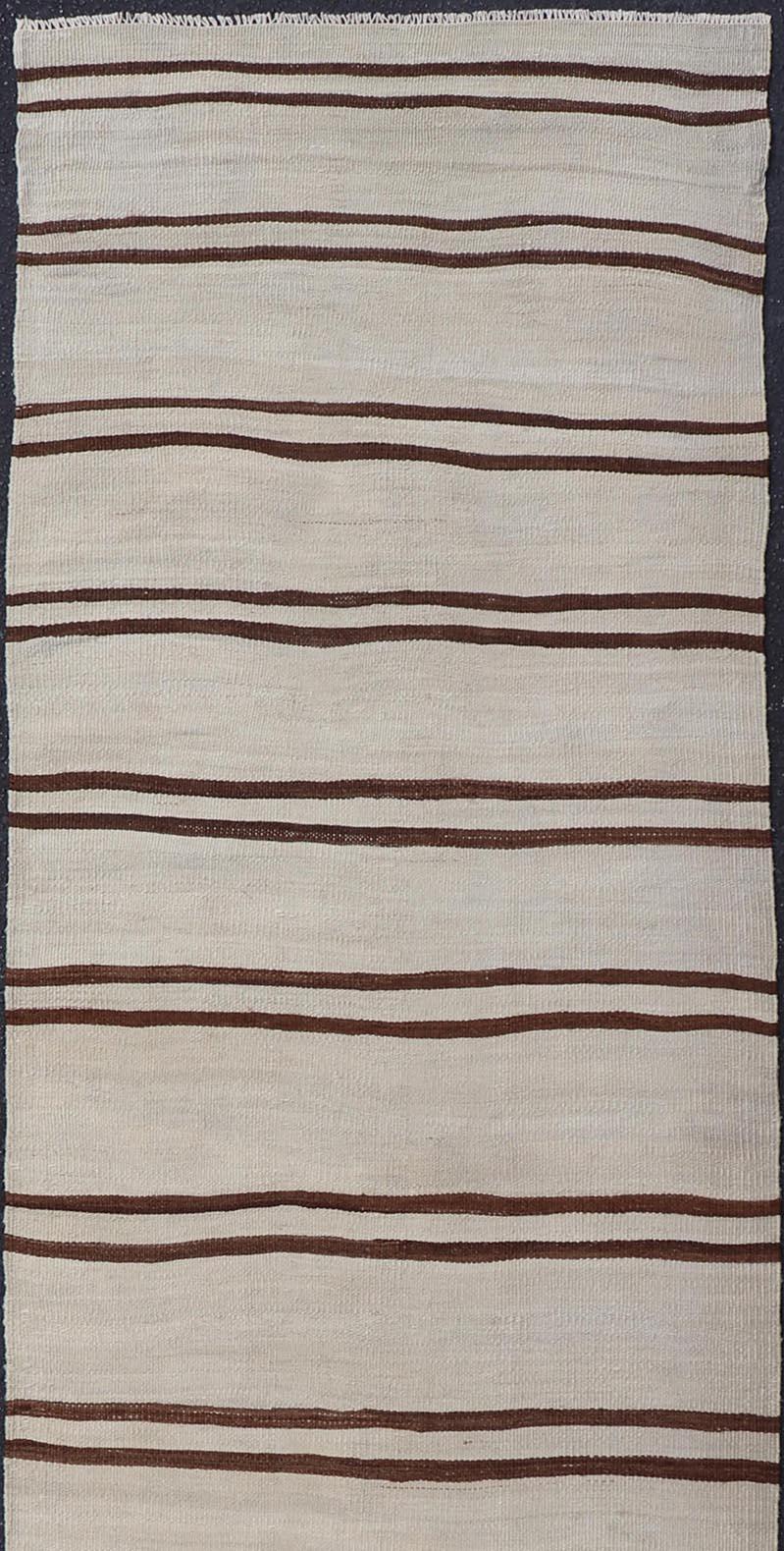 Hand-Woven Minimalist Design Vintage Turkish Kilim Runner with Ivory, Brown and Off White  For Sale