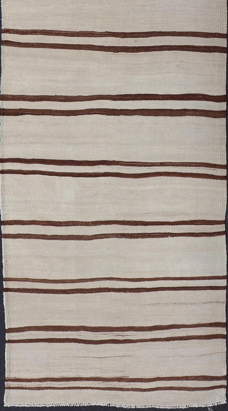 20th Century Minimalist Design Vintage Turkish Kilim Runner with Ivory, Brown and Off White  For Sale