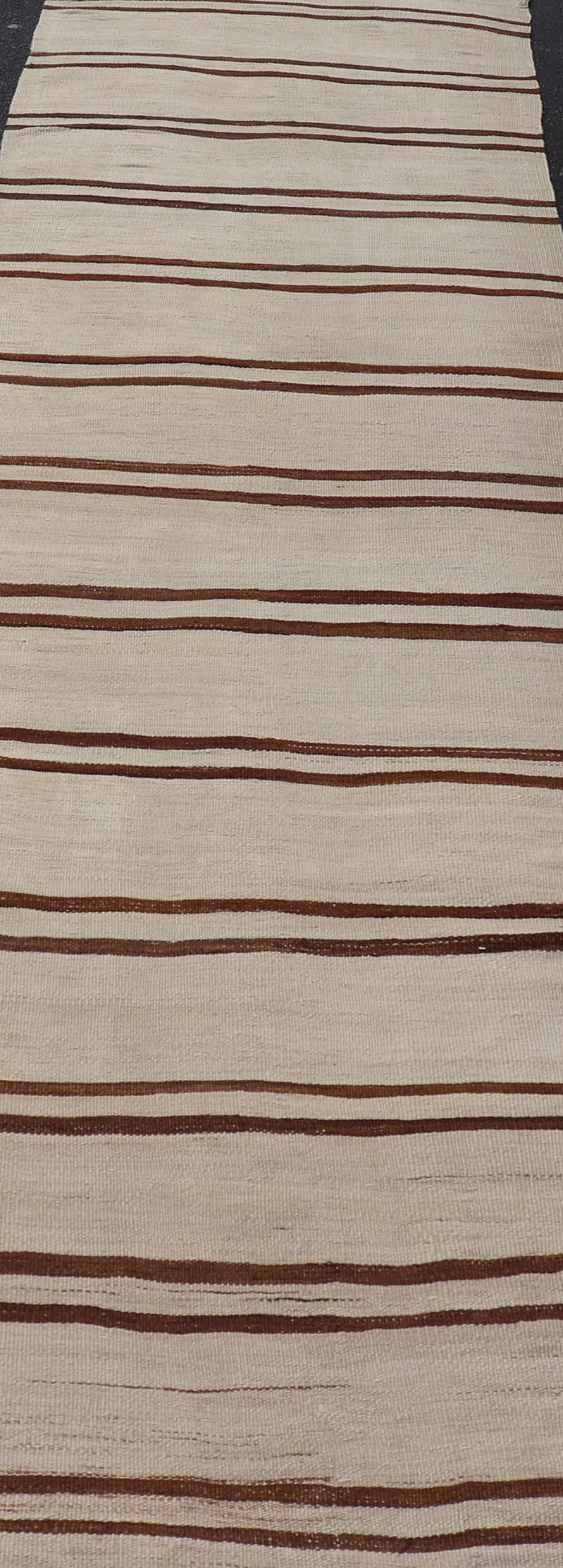 Minimalist Design Vintage Turkish Kilim Runner with Ivory, Brown and Off White  For Sale 2
