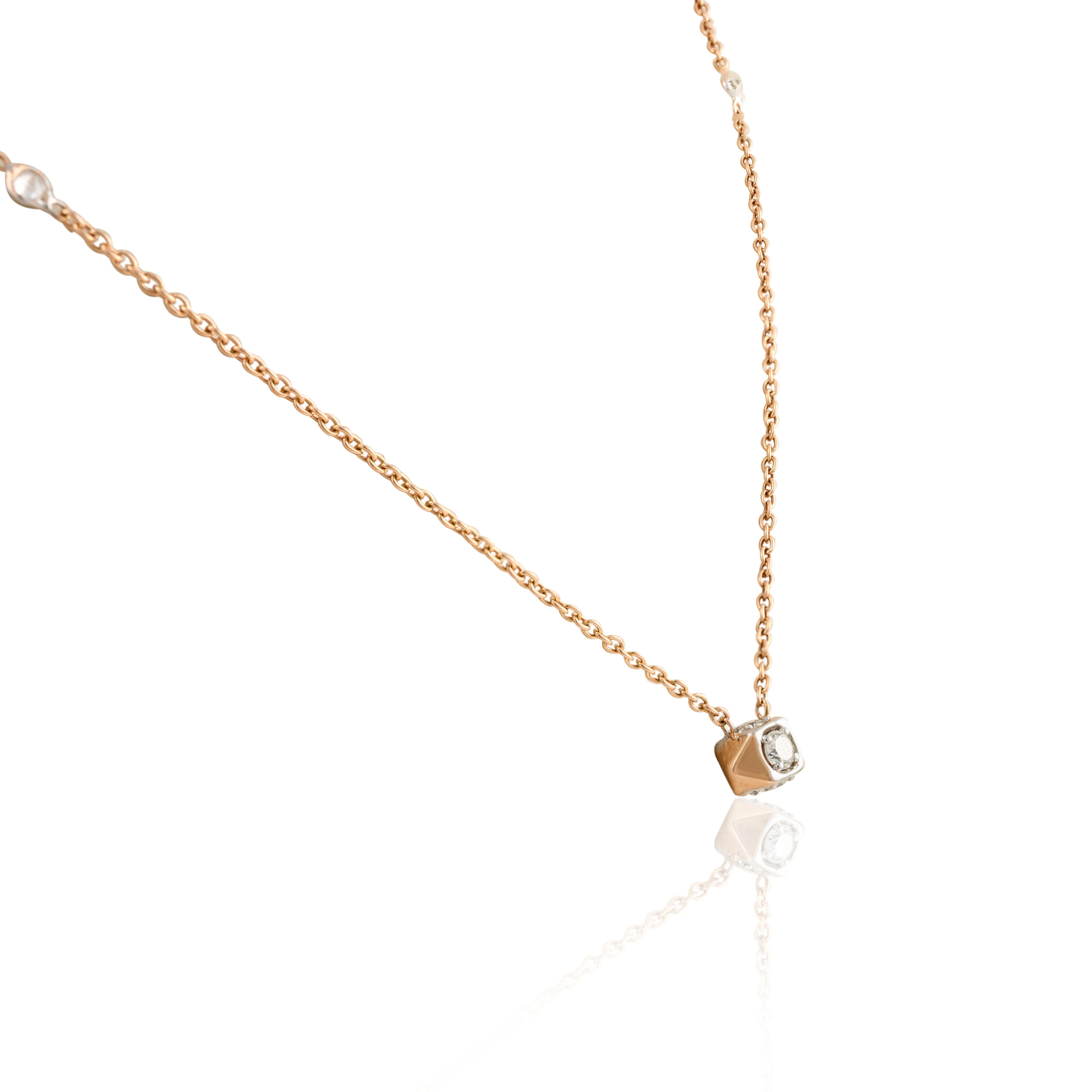 Minimalist Diamond Chain Necklace in 18K Gold studded with round cut diamond. This stunning piece of jewelry instantly elevates a casual look or dressy outfit. 
April birthstone diamond brings love, fame, success and prosperity.
Designed with