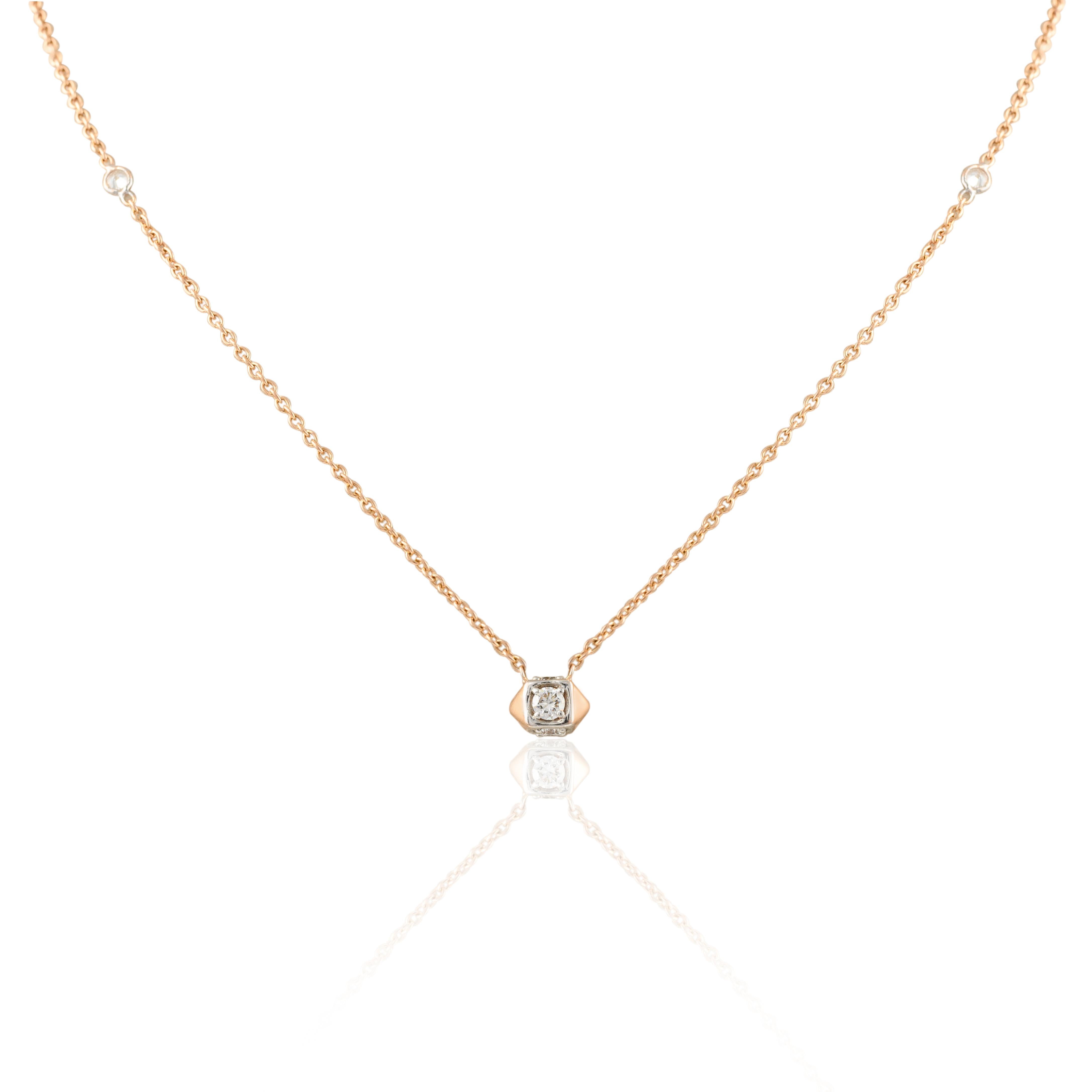 Round Cut Minimalist Diamond Chain Necklace in 18k Solid Rose Gold, Thanksgiving Gift For Sale
