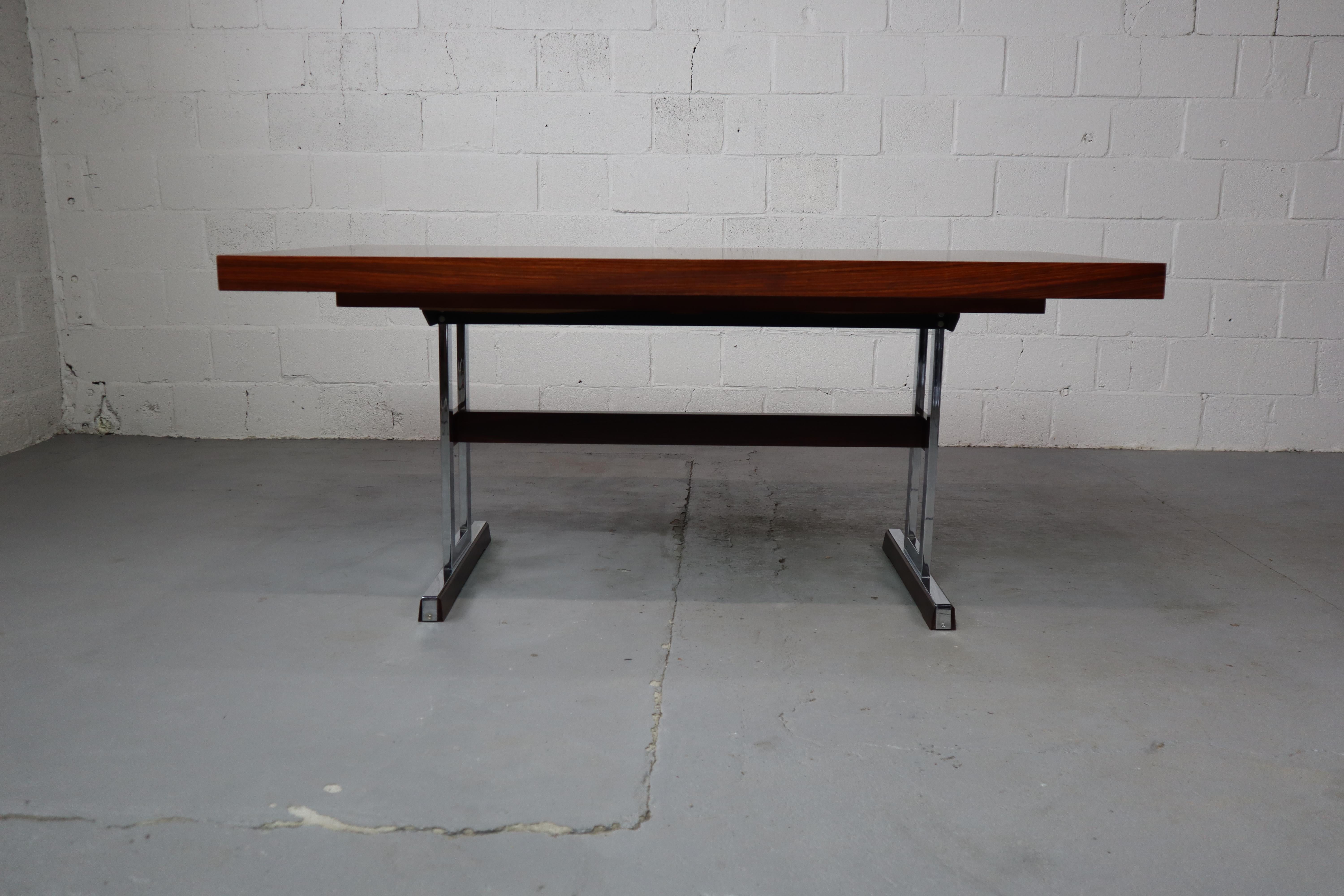 Minimalist dining table in Indian Rosewood and chrome, Belgium 1967 3