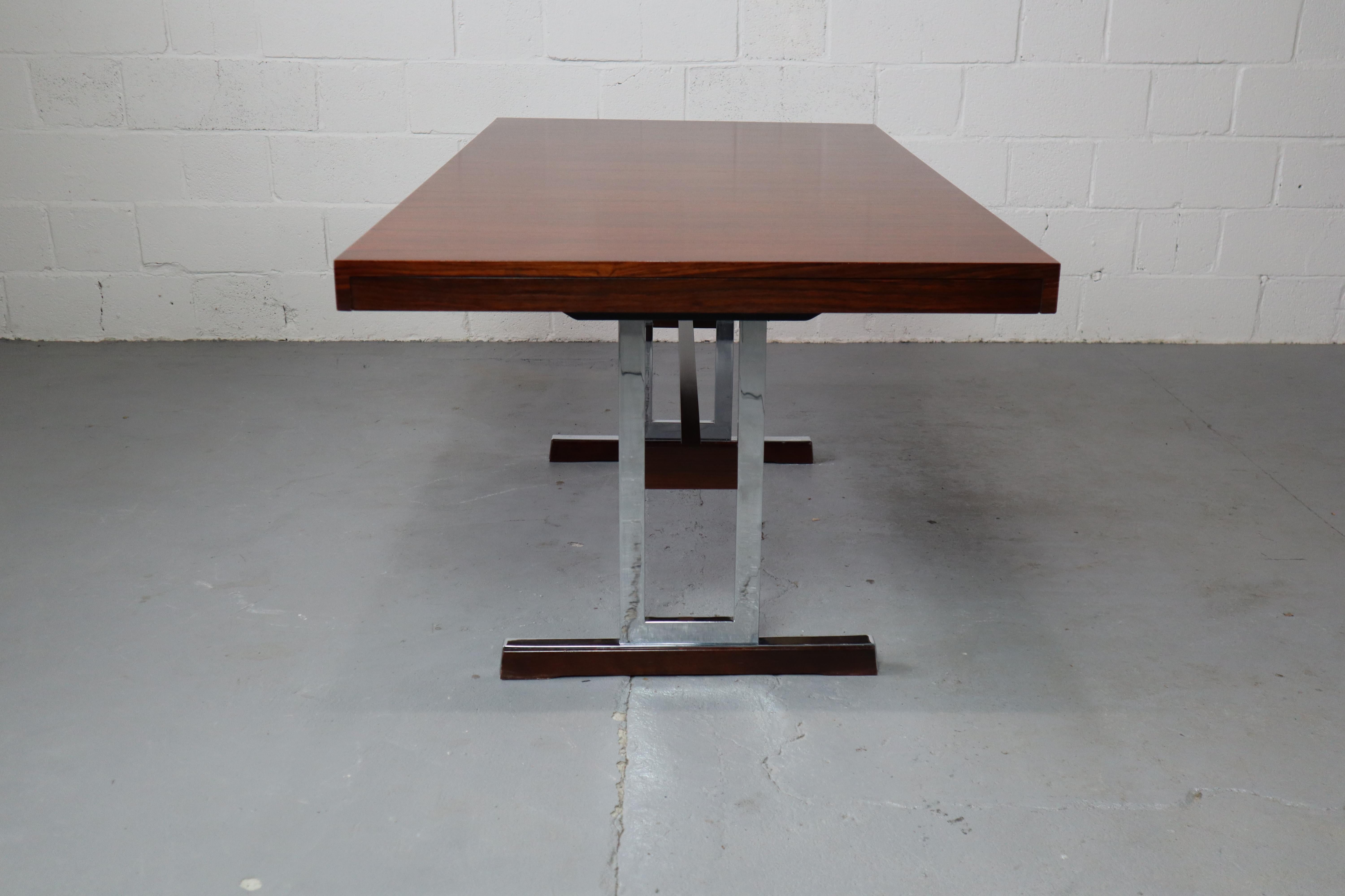 Belgian Minimalist dining table in Indian Rosewood and chrome, Belgium 1967