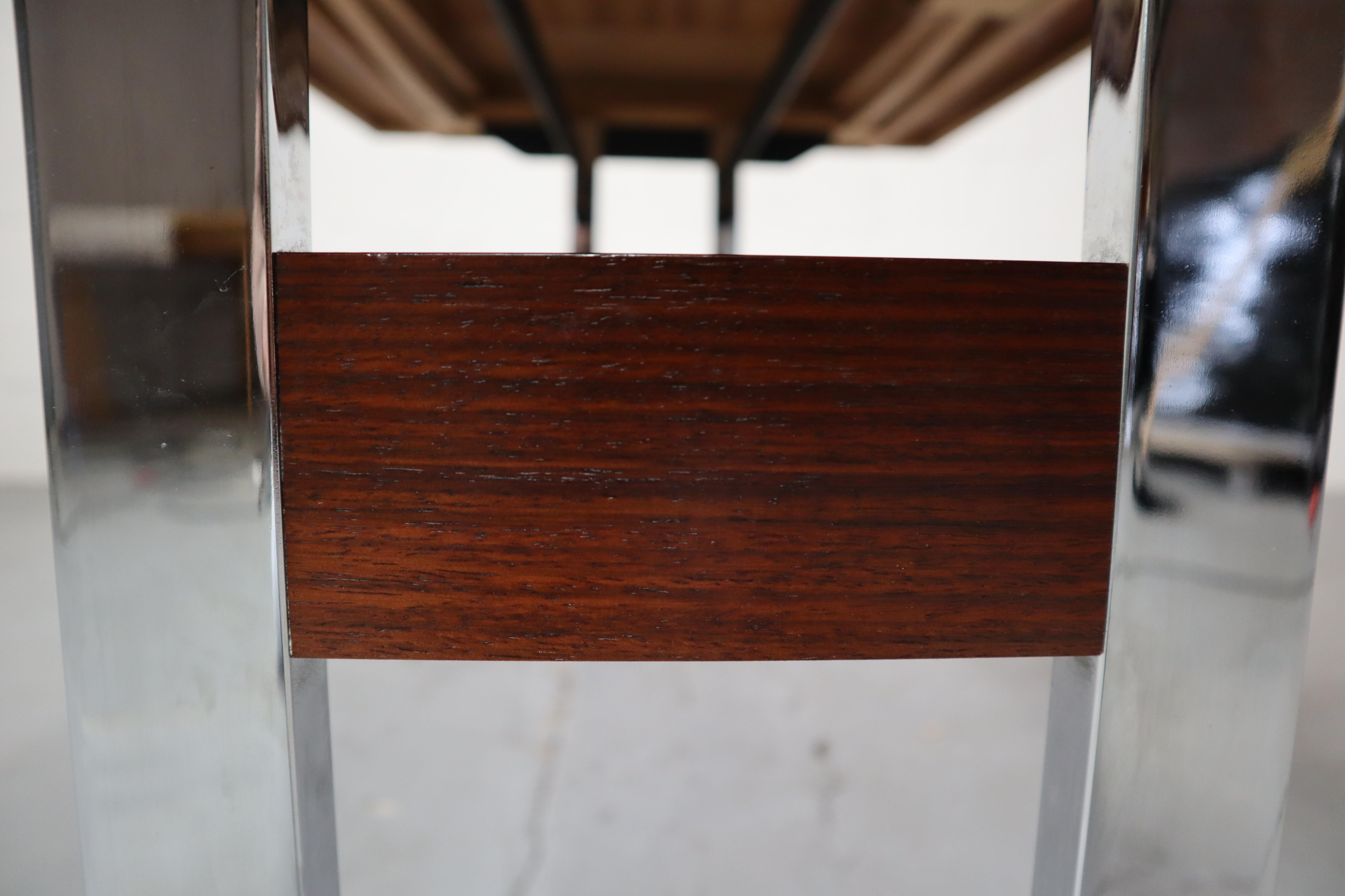 Veneer Minimalist dining table in Indian Rosewood and chrome, Belgium 1967