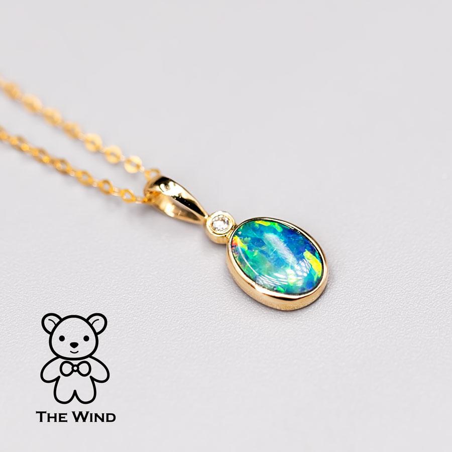 Minimalistische Halskette mit Anhänger, Doublet Opal Diamant 14k Gelbgold (Arts and Crafts)