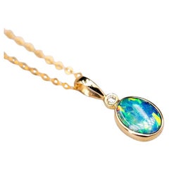 Minimalist Doublet Opal Diamond Pendant Necklace 14k Yellow Gold