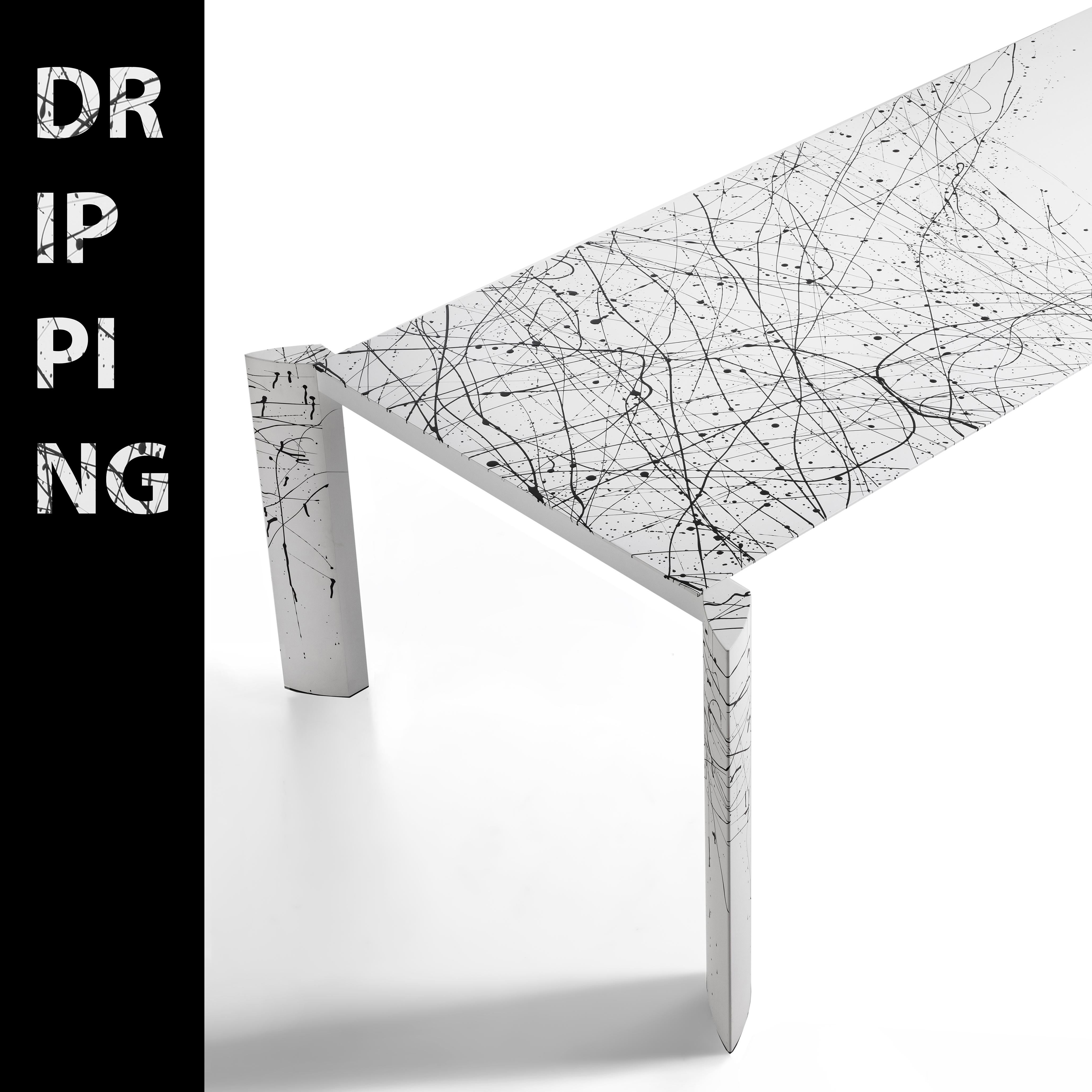 Minimalist Dripping Table Aluminium Extendable White Handpainted Pollock Homage For Sale 1