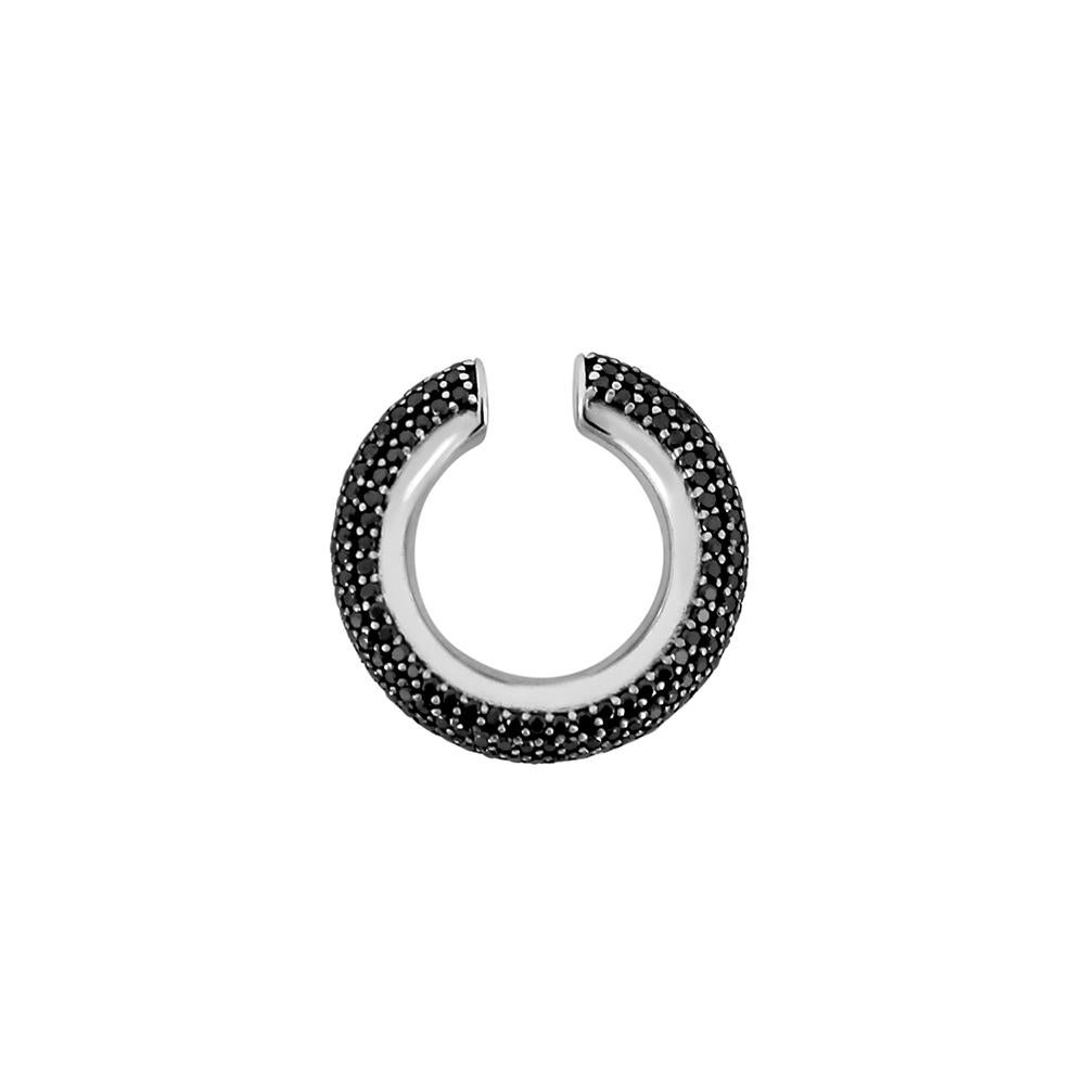 Round Cut Minimalist Ear Cuff In Sterling Silver With Black Diamonds For Sale