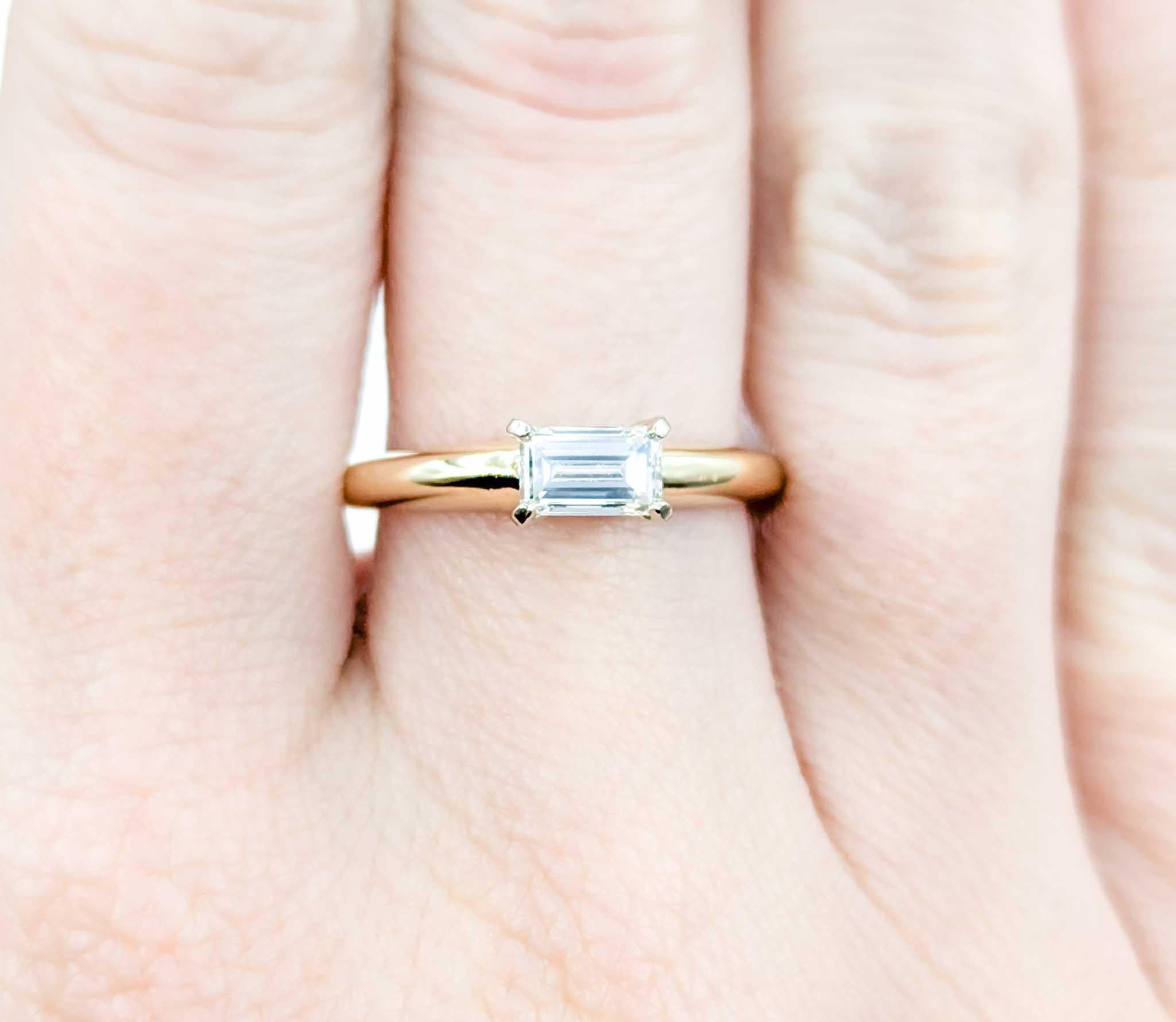 Minimalist East West Emerald Cut Diamond Ring in Yellow Gold 1