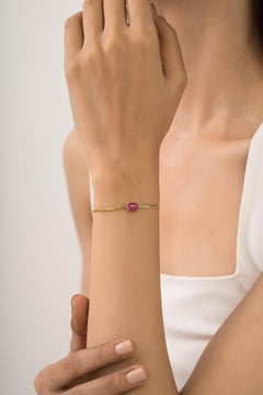 Minimalist Emerald-Cut Ruby Station Bracelet 1.28ct 14K Yellow Gold Curb Chain
