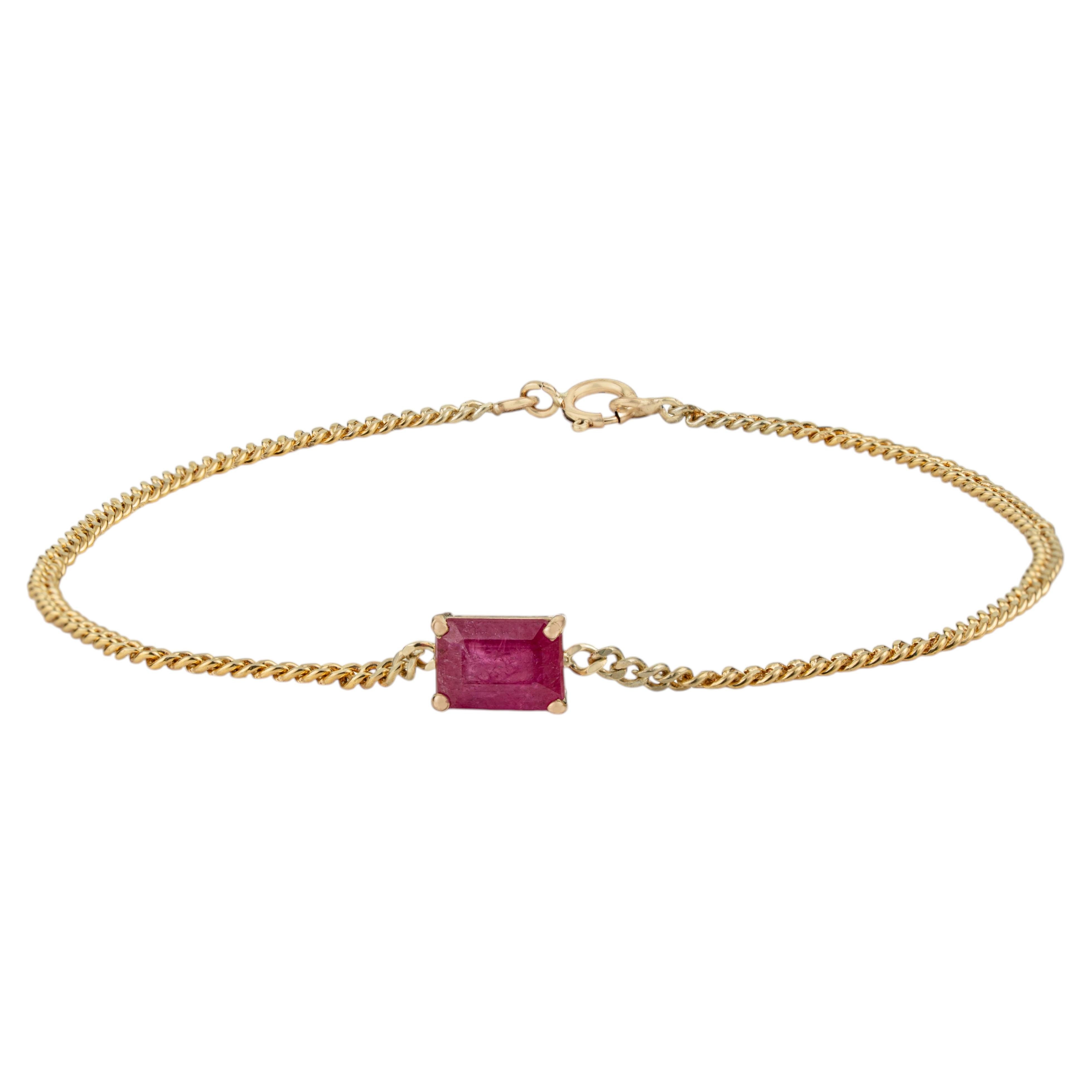 Minimalist Emerald-Cut Ruby Station Bracelet 1.28ct 14K Yellow Gold Curb Chain For Sale