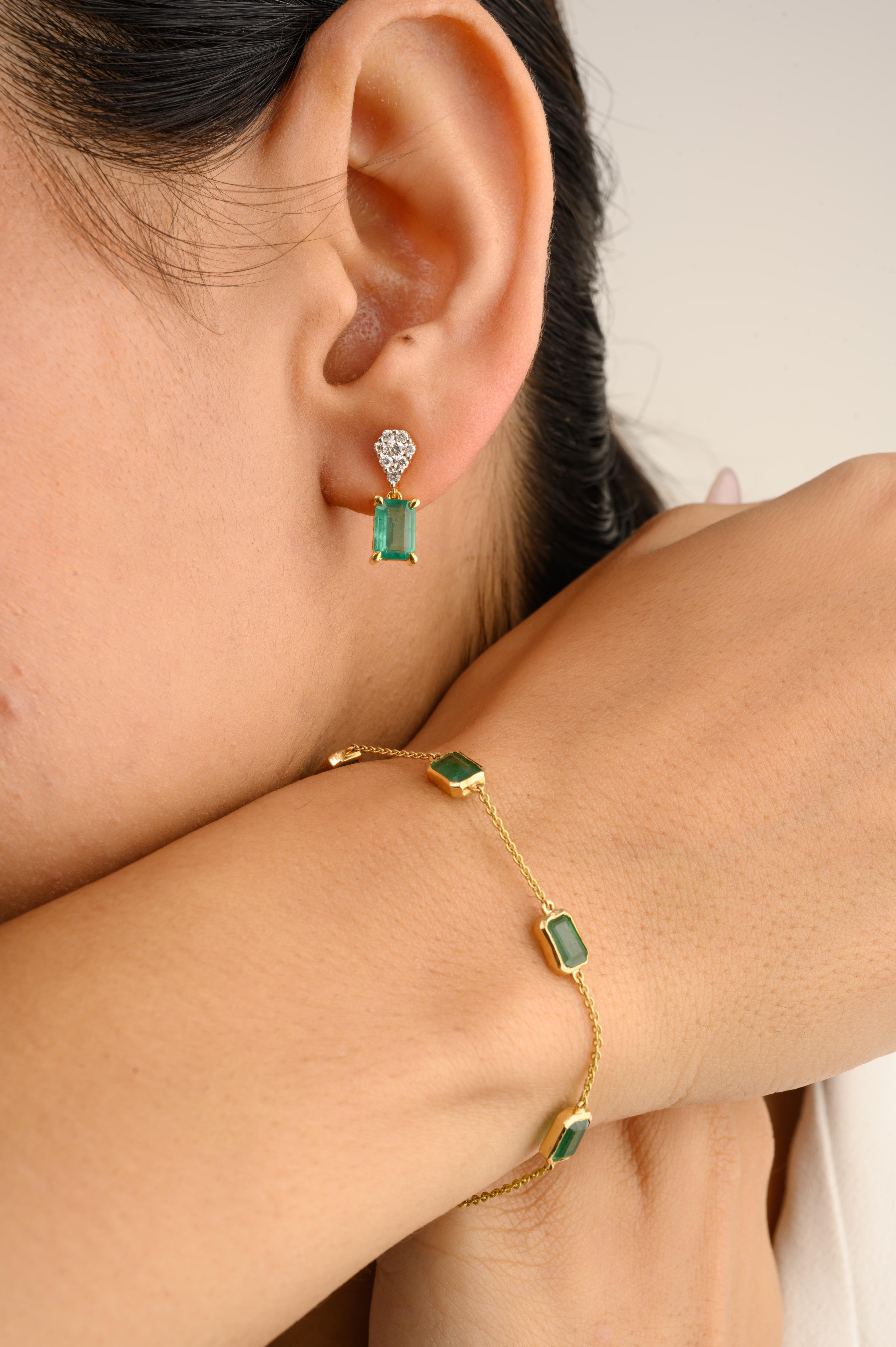 Octagon Cut Minimalist Emerald Dangle Earrings with Diamond in 14k Solid Yellow Gold for Mom For Sale