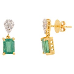 Minimalist Emerald Dangle Earrings with Diamond in 14k Solid Yellow Gold for Mom