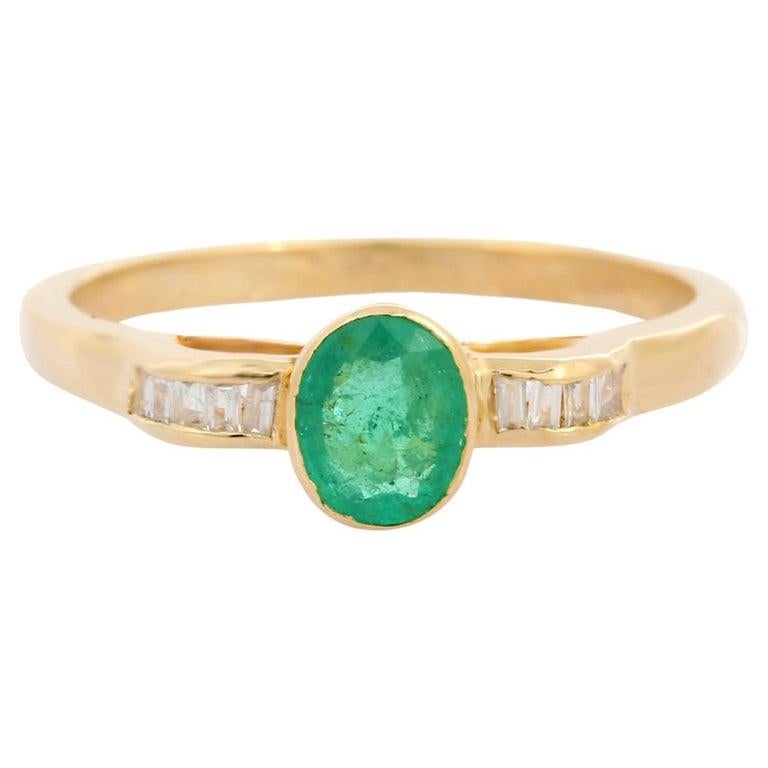 For Sale:  Dainty Emerald Diamond Ring Gift for Women in 18k Solid Yellow Gold 14