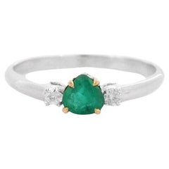 Minimalist Emerald Diamond Three Stone Style Ring in 18k Solid White Gold