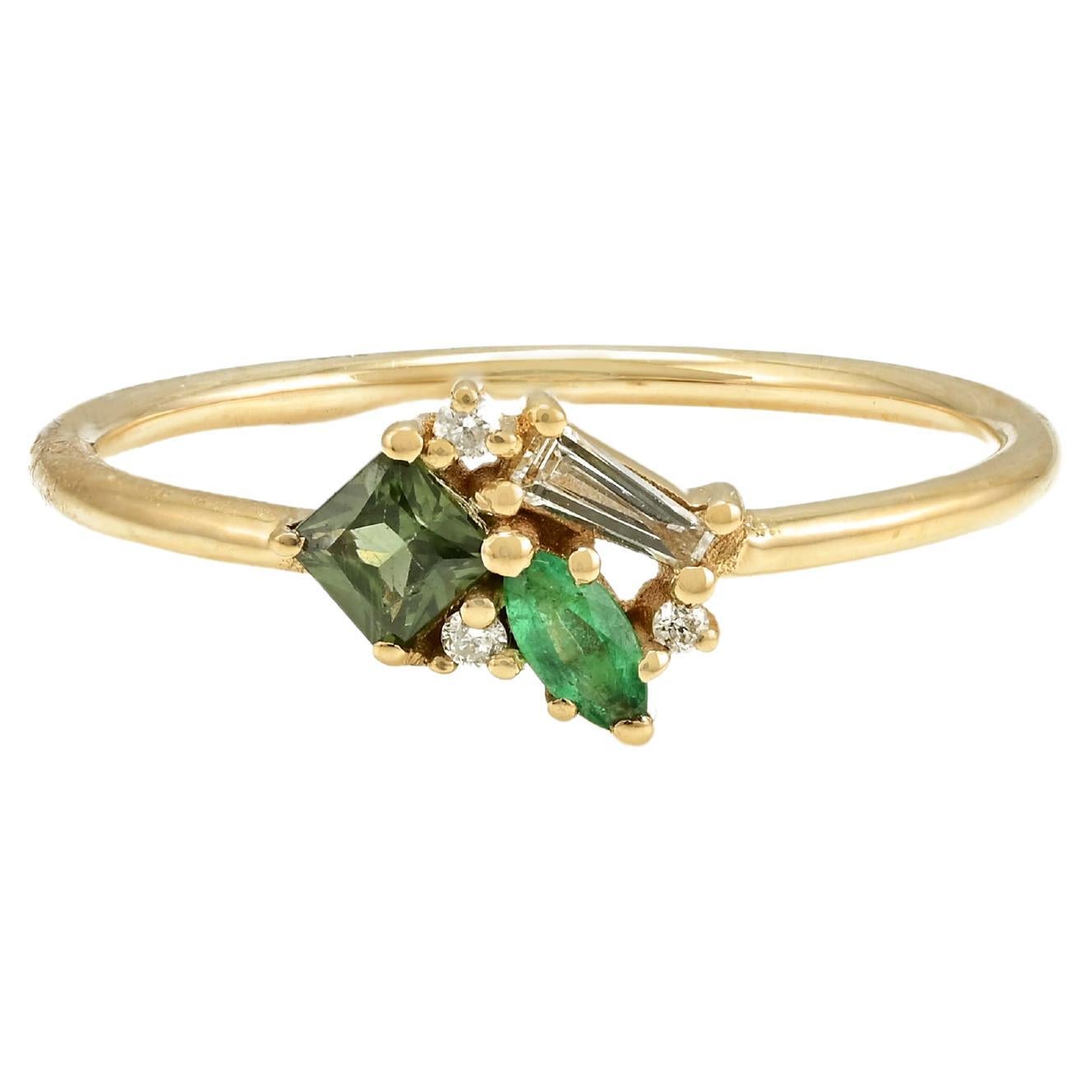 For Sale:  Minimalist Multi Color Gemstone Cluster Ring in 18k Solid Yellow Gold