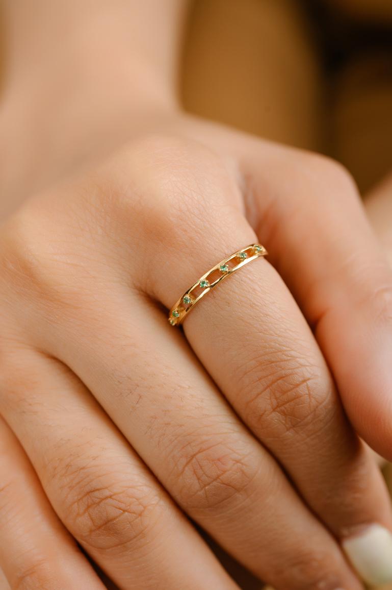 For Sale:  Dainty 1.4 MM Natural Emerald Stackable Band Ring 18k Solid Yellow Gold 2