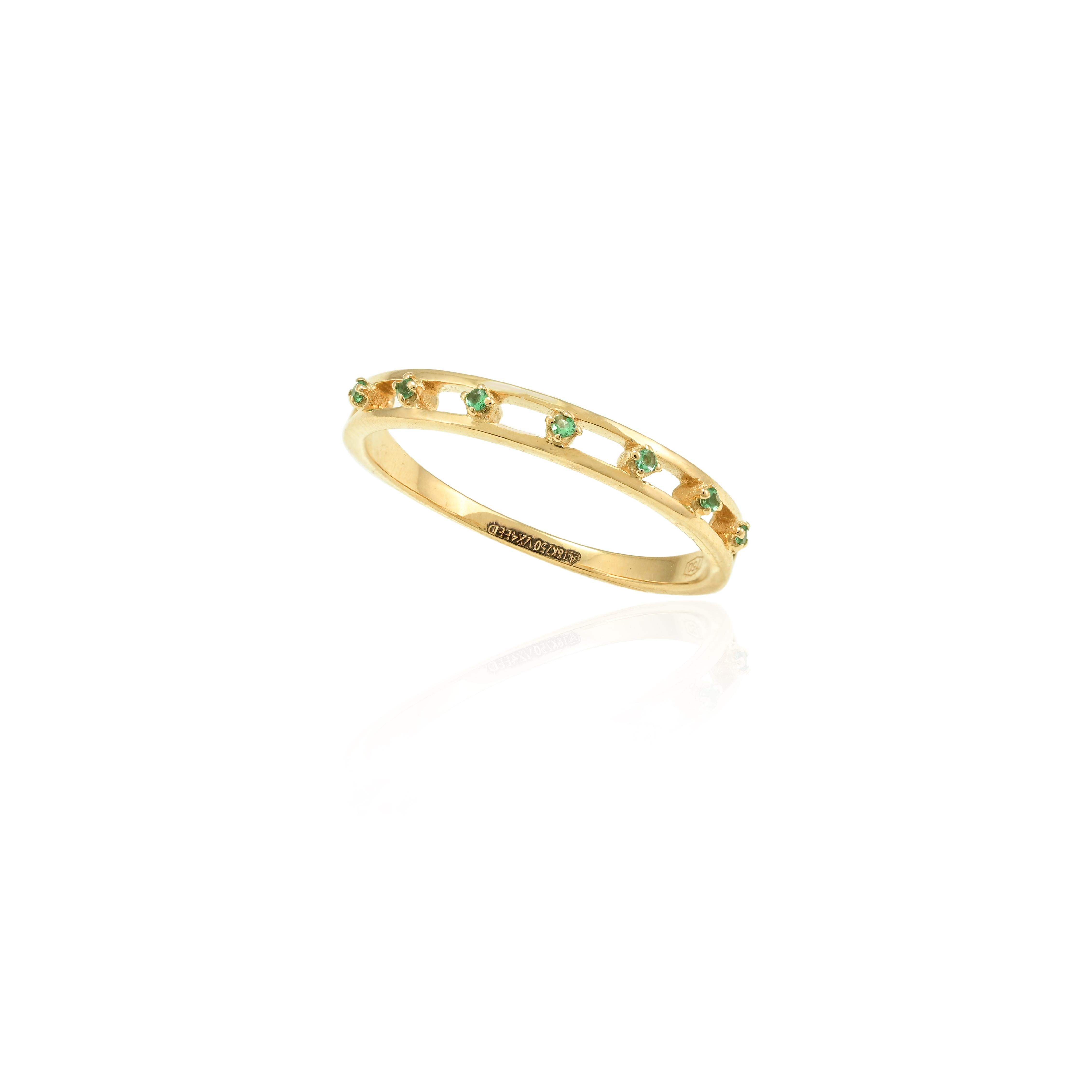For Sale:  Dainty 1.4 MM Natural Emerald Stackable Band Ring 18k Solid Yellow Gold 4
