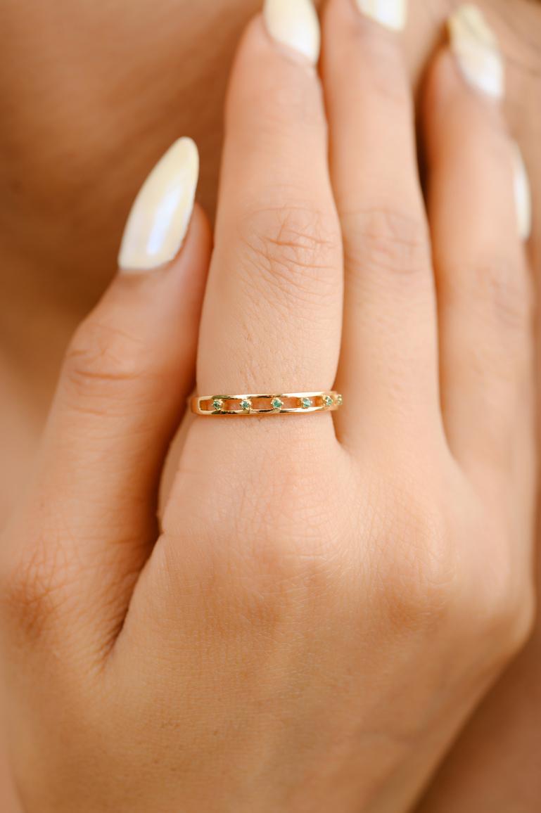 For Sale:  Dainty 1.4 MM Natural Emerald Stackable Band Ring 18k Solid Yellow Gold 5